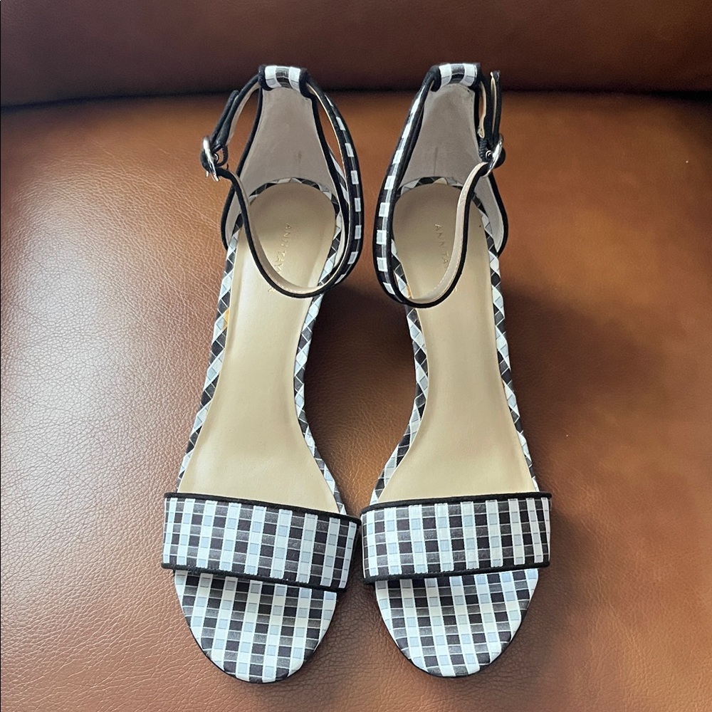 Ann Taylor Black & White Gingham Ankle-Strap Heels